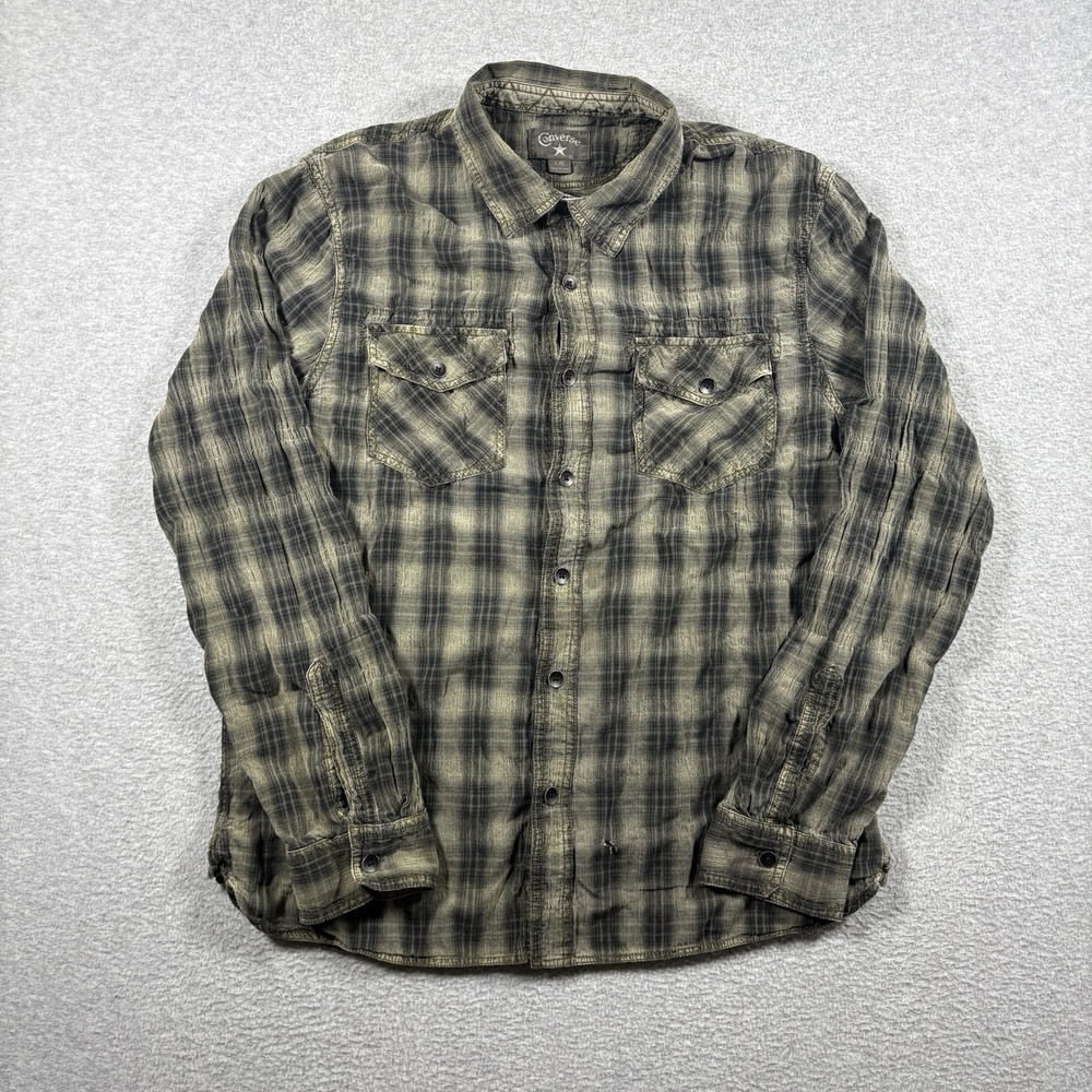 Converse Shirt Mens Large Plaid Flannel Long Sleeve Acid Wash Green Grunge Y2K